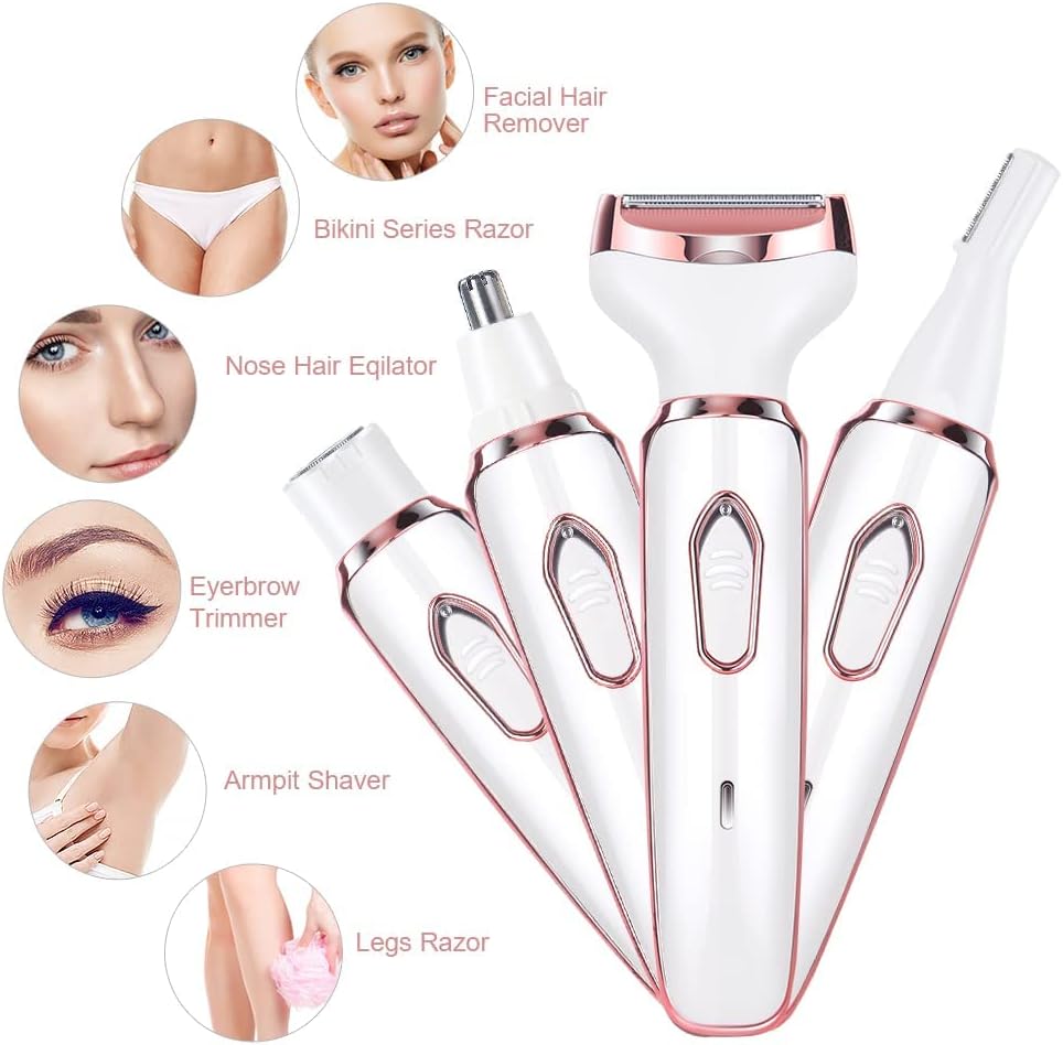 4 in 1 Electric Razor for Women, Lady Electric Shaver Hair Remover for Face Legs Nose Underarm, Portable Bikini Trimmer Wet & Dry Cordless Hair Removal Trimmer