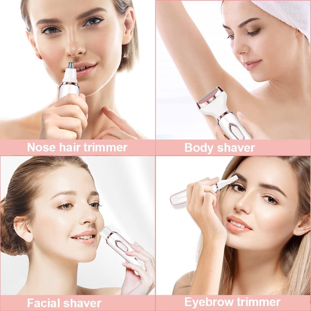 4 in 1 Electric Razor for Women, Lady Electric Shaver Hair Remover for Face Legs Nose Underarm, Portable Bikini Trimmer Wet & Dry Cordless Hair Removal Trimmer