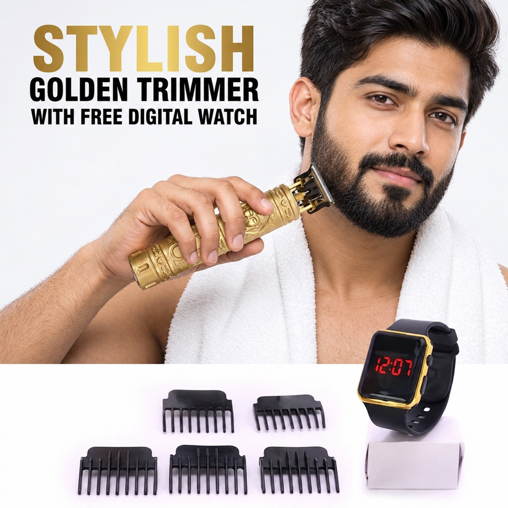 Stylish Golden USB Rechargeable Trimmer with Free Digital Watch